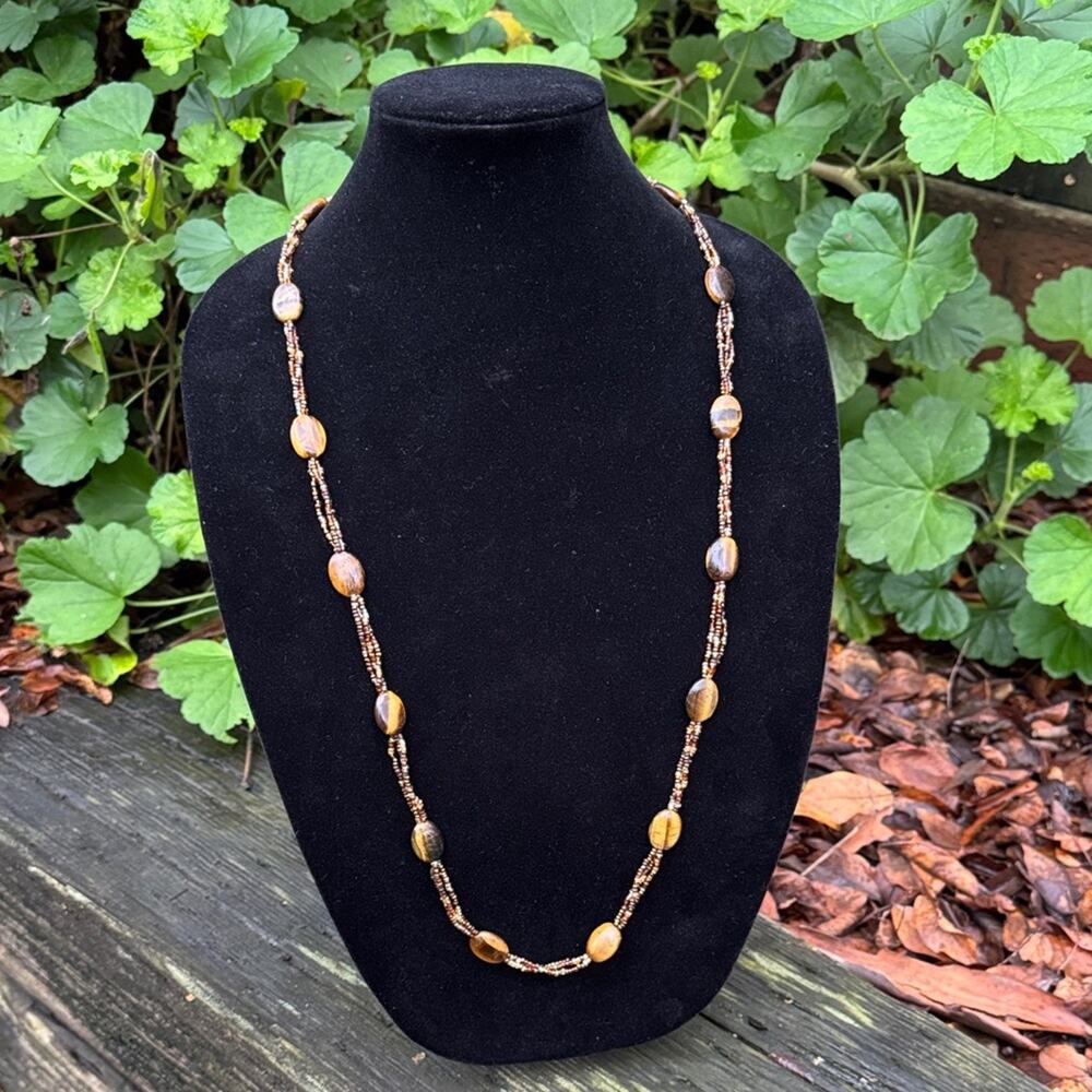 Tiger's Eye & Beaded Necklace in Gold and Brown